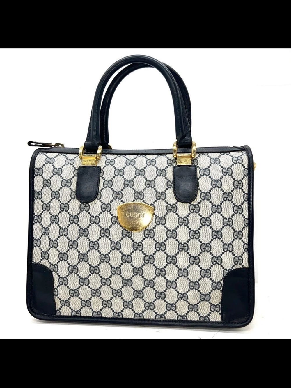 Gucci Beige GG Canvas Satchel with Black Leather Trim